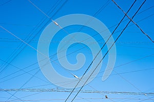 Tram wires against the blue sky