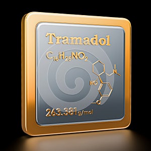 Tramadol. Icon, chemical formula, molecular structure. 3D render