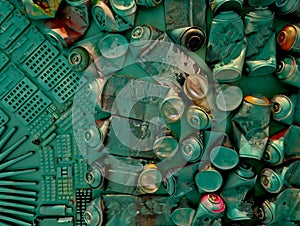 trampled drink cans, discarded electronics at a recycling company.