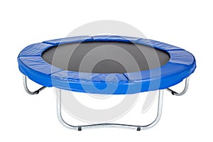 Trampoline for children and adults for fun indoor or outdoor fitness jumping on white background. Blue trampoline Isolated