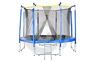 Trampoline for children and adults for fun indoor or outdoor fitness jumping on white background. Blue trampoline Isolated