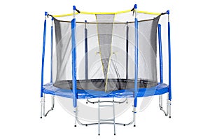 Trampoline for children and adults for fun indoor or outdoor fitness jumping on white background. Blue trampoline Isolated