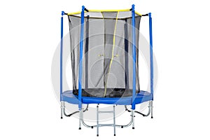 Trampoline for children and adults for fun indoor or outdoor fitness jumping on white background. Blue trampoline Isolated