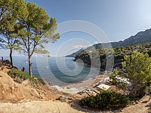 Tramuntana mountain range and Mediterranean sea beach , Mallorca, or Majorca, Balearic Islands, Spain, Europe