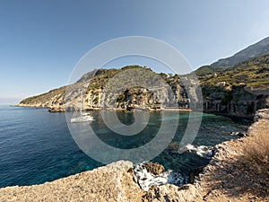 Tramuntana mountain range and Mediterranean sea beach , Mallorca, or Majorca, Balearic Islands, Spain, Europe