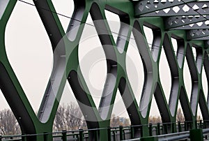Tramway bridge over river Danube in urban city of Bratislava, Slovakia. Modern construction with old-new pathway bridge.
