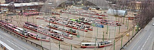 Tramway depot with lot of trams
