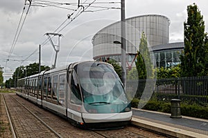 A tramway drives in front of European Court of Human Rights