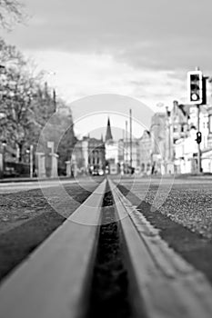 A tramway line on Princes Street in Edinburgh photo