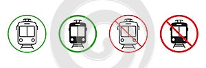 Tramway Line and Silhouette Icons Set. Electric Streetcar, Permit and Not Allowed Transportation Symbol Collection. Tram