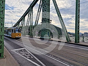 A tramway passing over the Liberty Bridge in Budapest