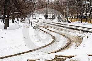 Tramway rails cleared of snow, winter background, Moscow 2021