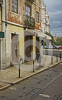 tramway rails, Lisbon, Portugal patio