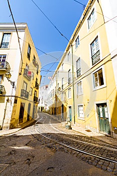 Tramway rails and streets in downtown Lisbon, Portugal