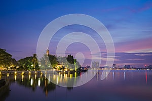 Tran Quoc pagoda in the afternoon in Hanoi, Vietnam. This pagoda locates on a small island near the southeastern shore of West Lak