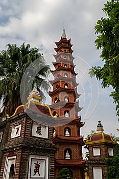 Tran Quoc Pagoda, a famous place in Hanoi, Vietnam. This temple is located on the west lake and attracts a lot of tourists