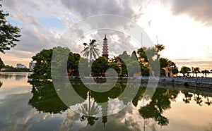 Tran Quoc pagoda sunset in hanoi, vietnam