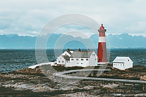 Tranoy Lighthouse Norway Landscape sea and mountains on background Travel scenery scandinavian