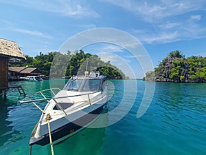 Tranport boat by the sea welcoming guests of the resort in east Indonesia photo