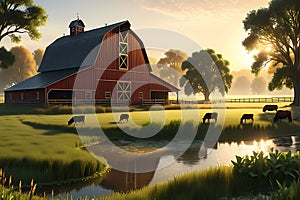 A Tranquil 3D Render of an Early Morning on a Farm: Golden Sunlight Spilling Across Lush Fields, Rustic Charm