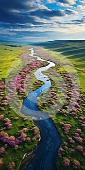 Tranquil Aerial Photography: Chuya River And Vibrant Wild Flowers