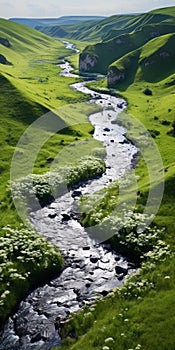 Tranquil Aerial View Of Endless Green Ravine With Vibrant Wild Flowers