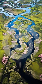 Tranquil Aerial View Of Marsh With Vibrant Wild Flowers