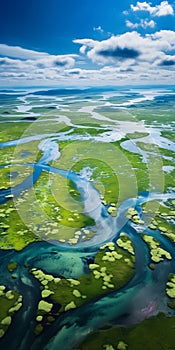 Tranquil Aerial View Of Vibrant Marshlands And Wildflowers