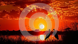 Tranquil African landscape at sunset, featuring silhouettes of large ibis birds against a warm, dramatic sky, showcasing the