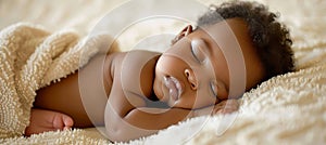 Tranquil african newborn baby peacefully sleeping in a cozy and inviting white bed