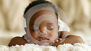 Tranquil african newborn peacefully sleeping in a cozy and inviting white baby crib