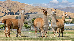 Tranquil alpacas peacefully grazing on lush green pasture in picturesque mountain setting