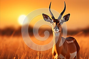Tranquil antelope grazing amidst the golden glow of african savannah during serene sunset