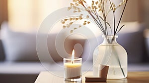 Tranquil Aromatherapy - A Cozy Table Setting Featuring a Reed Diffuser, Candle, Eucalyptus, and Perfume in a Hygge-Inspired Home