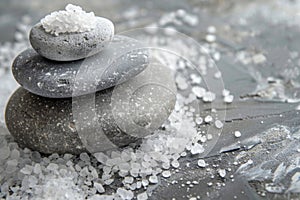 Tranquil arrangement of three stacked rocks with scattered salt on a textured gray surface