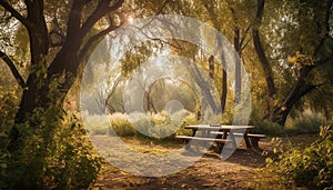 Tranquil autumn forest bench, leaves rustling underfoot generated by AI