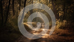 Tranquil autumn forest, mysterious fog, vanishing point on dirt road generated by AI