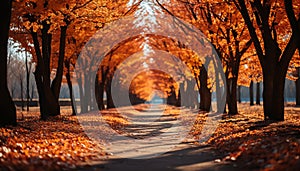 Tranquil autumn forest, vibrant leaves, walking on treelined footpath generated by AI