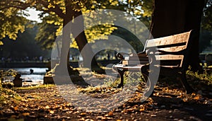 Tranquil autumn forest, yellow leaves, sunlight, bench, relaxation, grass generated by AI