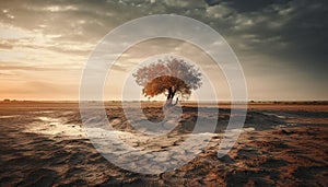 Tranquil autumn landscape, dry grass, tree, horizon over land generated by AI