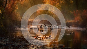 Tranquil autumn landscape, tree reflection in pond generated by AI