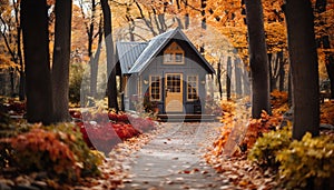 Tranquil autumn landscape yellow leaves, rustic cottage, vibrant nature generated by AI