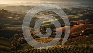 Tranquil autumn sunrise over Italian vineyard and rolling landscape generated by AI