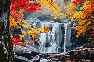 Tranquil Autumn Waterfall Cascading Through a Forested Area at Dusk