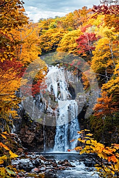 Tranquil Autumn Waterfall Cascading Through a Forested Area at Dusk