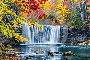 Tranquil Autumn Waterfall Cascading Through a Forested Area at Dusk