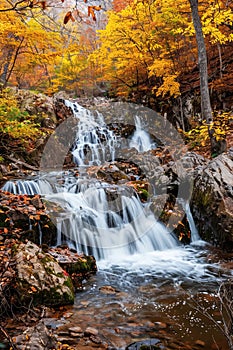 Tranquil Autumn Waterfall Cascading Through a Forested Area at Dusk