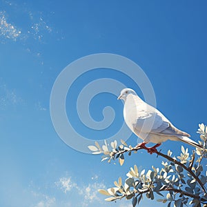 Tranquil avian Pigeon perched on branch with blue sky background