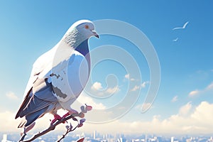 Tranquil avian Pigeon perched on branch with blue sky background