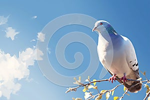 Tranquil avian Pigeon perched on branch with blue sky background